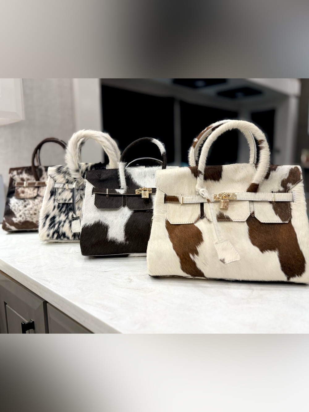 Genuine Brown & White Cowhide Handbag | Gold Hardware - Picture 3 of 6